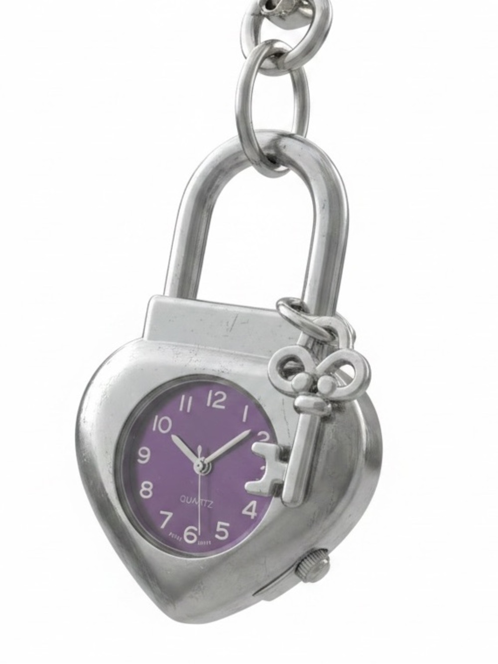 Y2K Silver Heart Padlock Pendant Watch with Purple Dial and Key Charm/Bag Charm